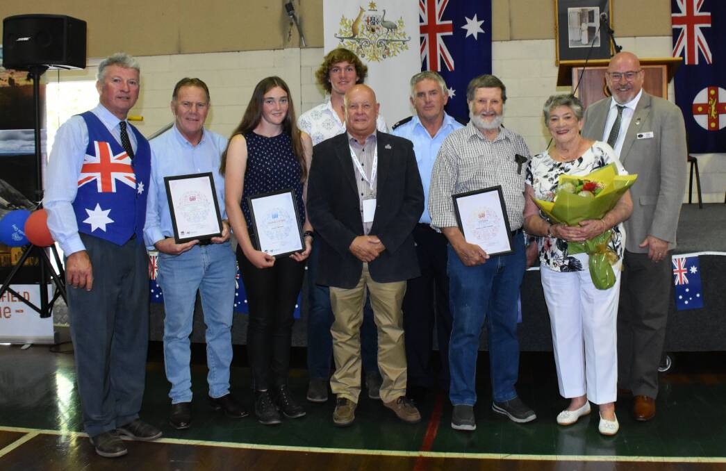 (From left) Mayor Peter Petty, Tenterfield RSL Sub-branch president Dave Stewart (Community Event of the Year), Ella Wishart (Young Citizen of the Year), Isaac Jones (Young Sportsperson of the Year), Australia Day ambassador Paul Featherstone, Neal O’Reilly (Emergency Services Volunteer of the Year), Geoff and Jann Newman (Citizens of the Year) and deputy mayor and MC Greg Sauer.