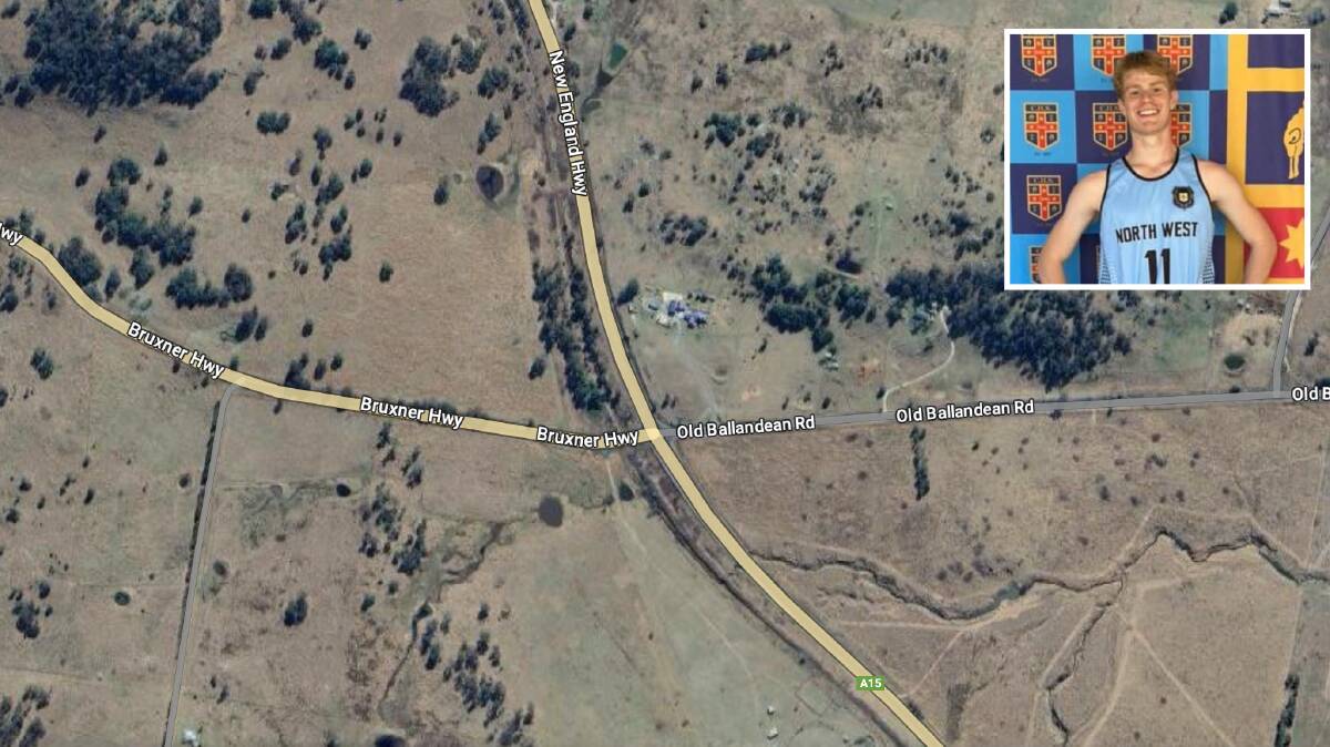 The intersection at New England Highway, Old Ballandean Road and Bruxner Highway, where Jackson Clarke (inset. Picture from Tenterfield Tigers - Junior Rugby League Facebook) was fatally injured in a crash. Picture from Google Maps.