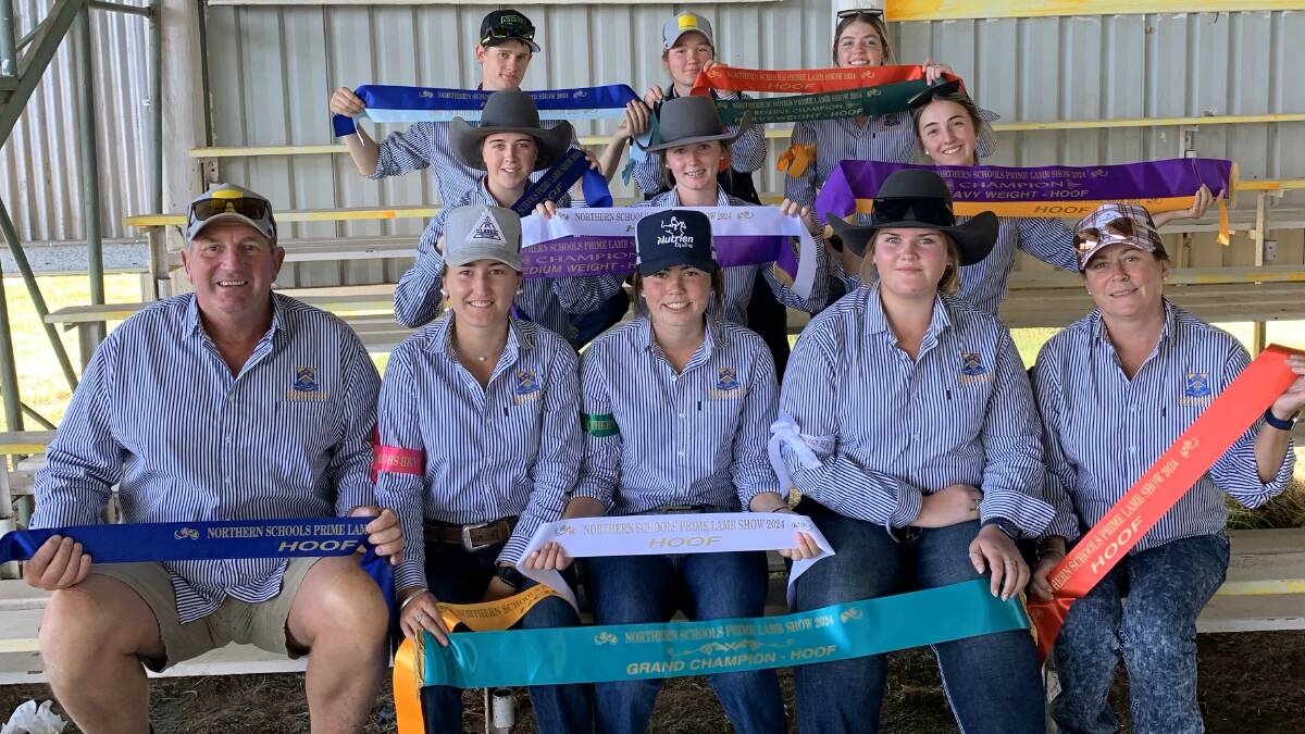 Students and teachers with the plethora of ribbons they secured at the Northern Schools Prime Lamb Show for 2024. Pictures supplied. 